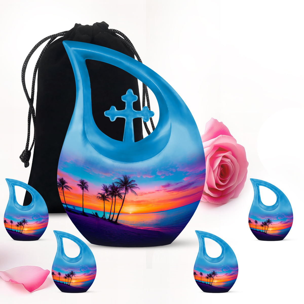 Cornflower Blue Beach Cremation Urn urn with complimentary velvet bag - devotional cross-drop beach engraving - memorial set with one large and four small urns