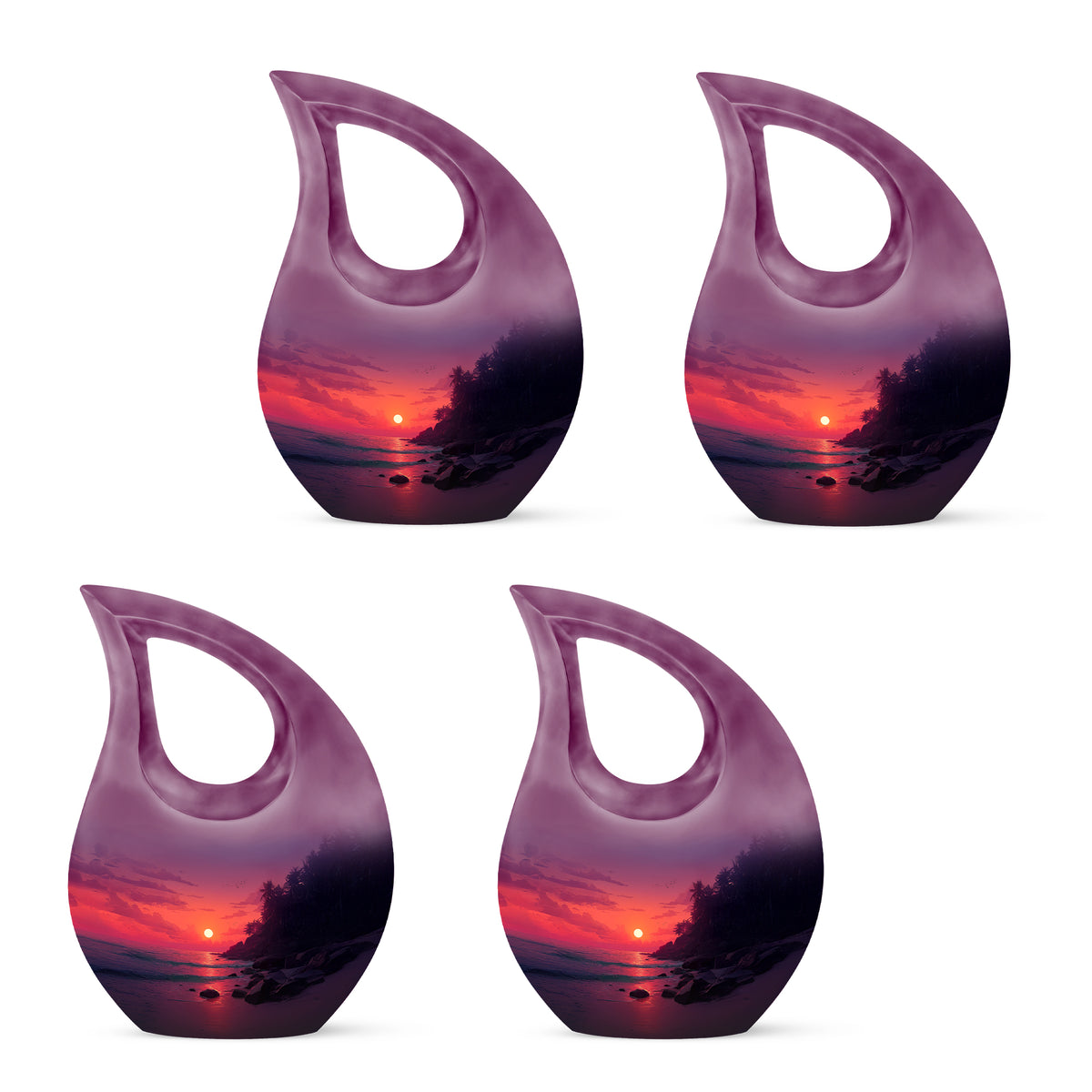 Pastel Pink Beach Cremation Urn lifestyle display on memorial shelf - cross and beach combined in spiritual memorial design - 10 inch aluminum urn for cremated remains