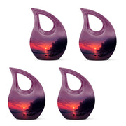 Pastel Pink Beach Cremation Urn lifestyle display on memorial shelf - cross and beach combined in spiritual memorial design - 10 inch aluminum urn for cremated remains