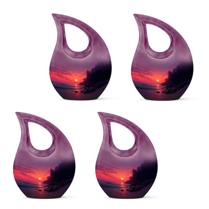 Pastel Pink Beach Cremation Urn lifestyle display on memorial shelf - cross and beach combined in spiritual memorial design - 10 inch aluminum urn for cremated remains