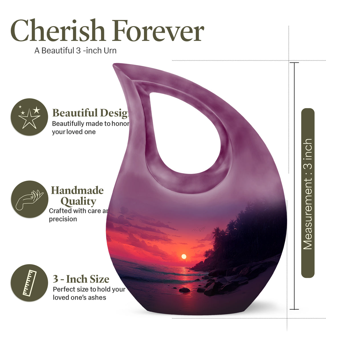 Petal Pink Beach Cremation Urn back view with polished surface - faith-inspired cross-drop urn with beach pattern - mini keepsake memorial for portion of cremation ashes
