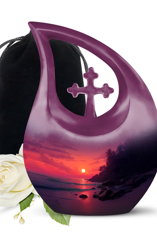 Dusty Pink Beach Cremation Urn top-down view of secure threaded lid - devotional cross-drop beach engraving - full-size 10 inch 200 cubic inch adult cremation urn