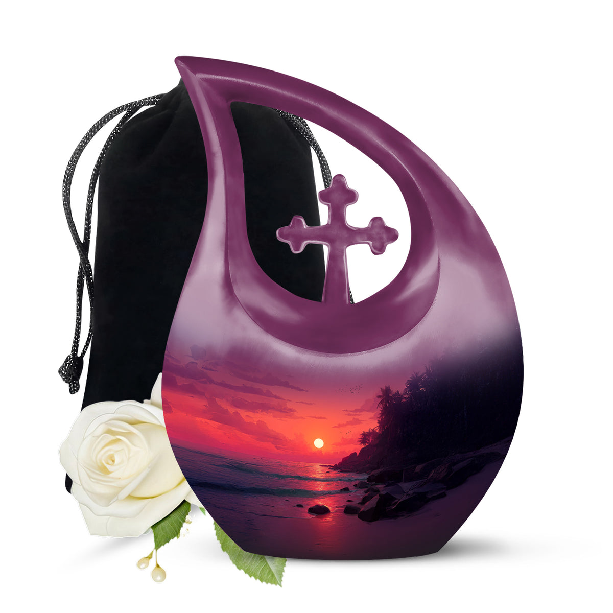 Dusty Pink Beach Cremation Urn top-down view of secure threaded lid - devotional cross-drop beach engraving - full-size 10 inch 200 cubic inch adult cremation urn