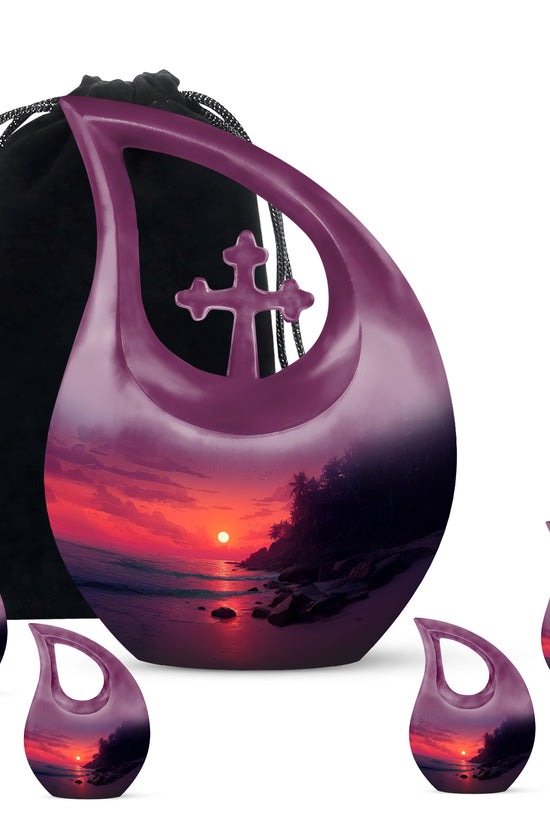 Pastel Pink Beach Cremation Urn urn with complimentary velvet bag - sacred cross merged with beach motif on metal - memorial set with one large and four small urns
