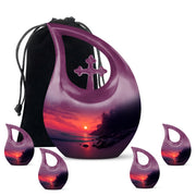 Pastel Pink Beach Cremation Urn urn with complimentary velvet bag - sacred cross merged with beach motif on metal - memorial set with one large and four small urns
