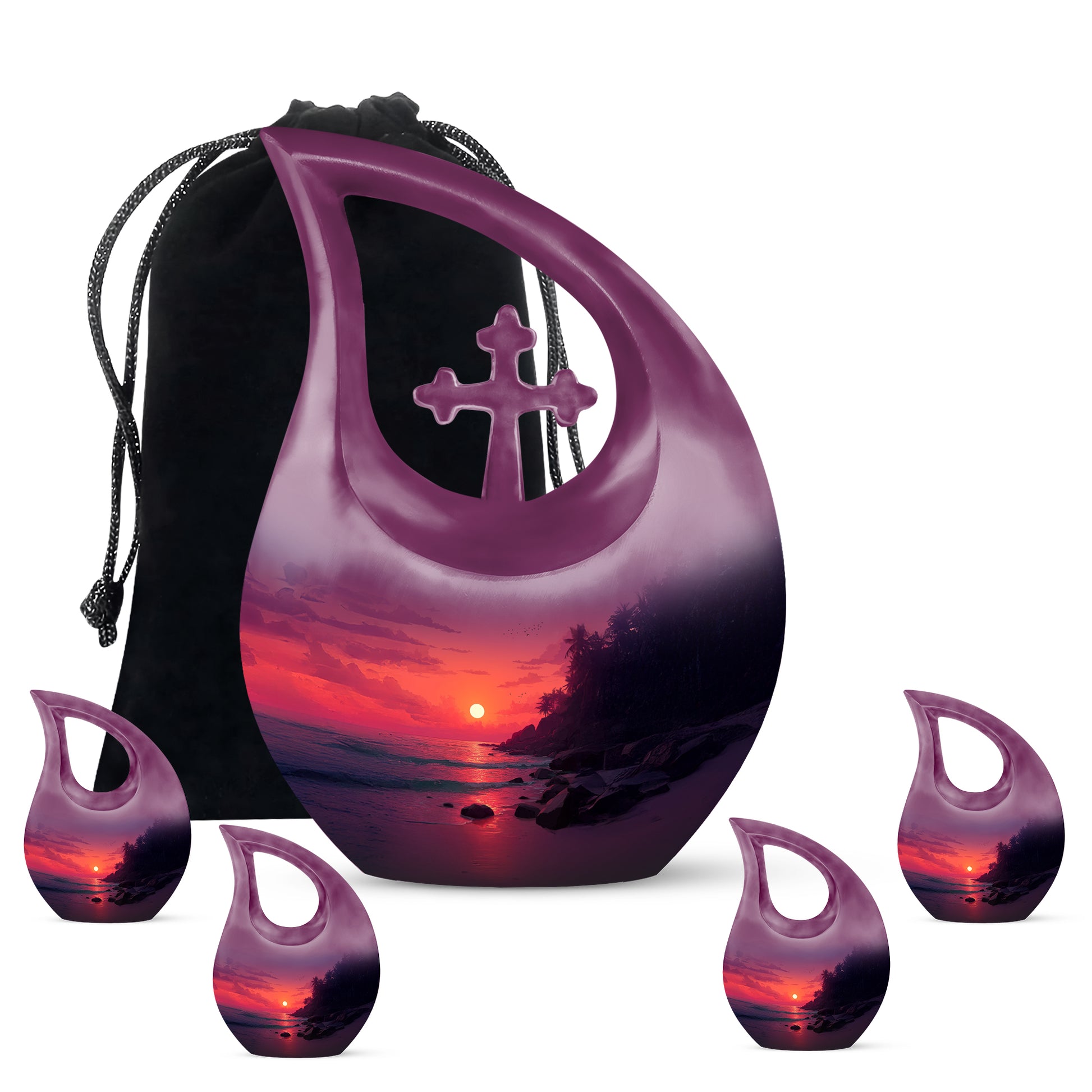 Pastel Pink Beach Cremation Urn urn with complimentary velvet bag - sacred cross merged with beach motif on metal - memorial set with one large and four small urns