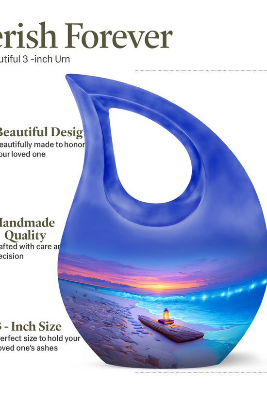 Celestial Blue Beach Cremation Urn back view with polished surface - sacred cross merged with beach motif on metal - mini keepsake memorial for portion of cremation ashes