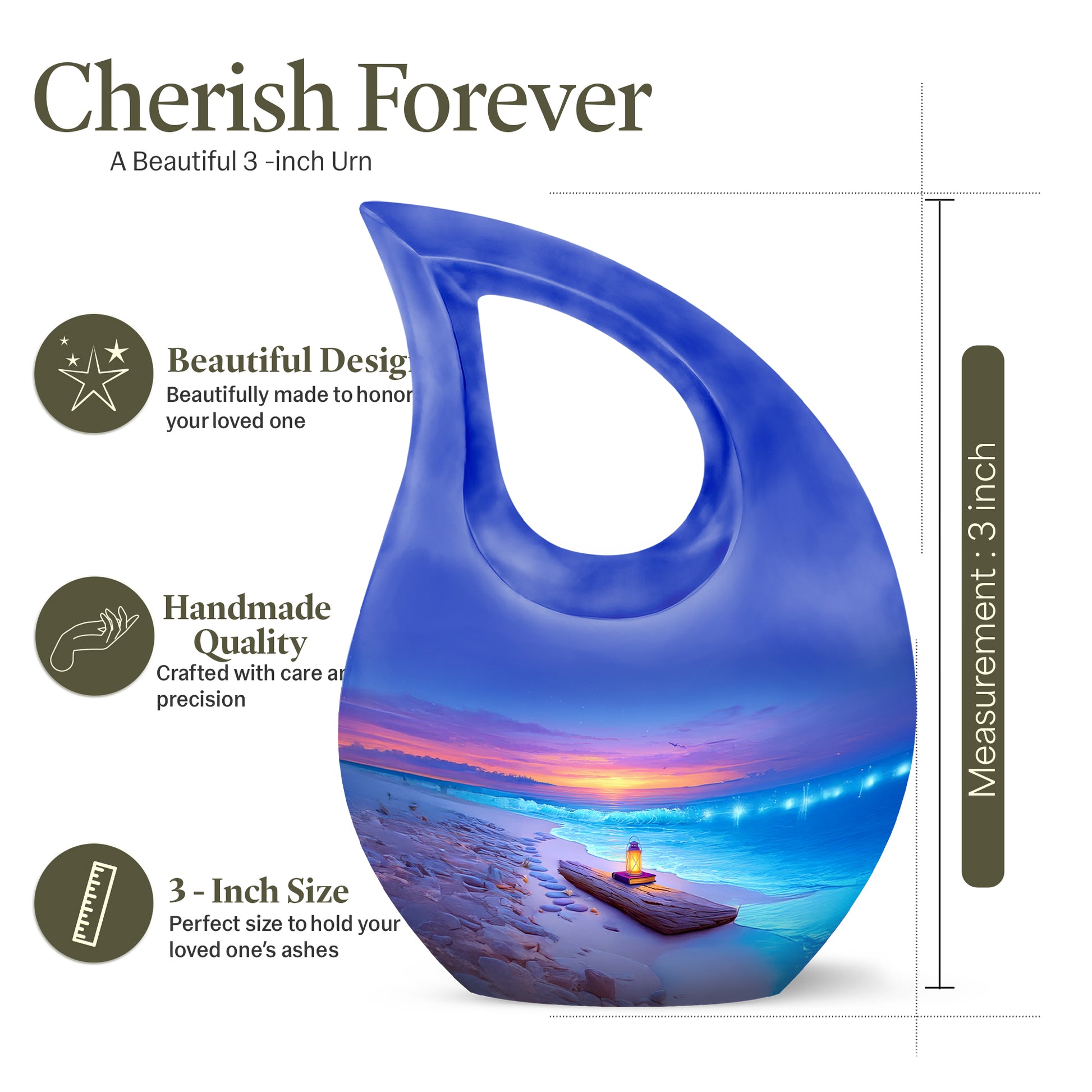 Celestial Blue Beach Cremation Urn back view with polished surface - sacred cross merged with beach motif on metal - mini keepsake memorial for portion of cremation ashes