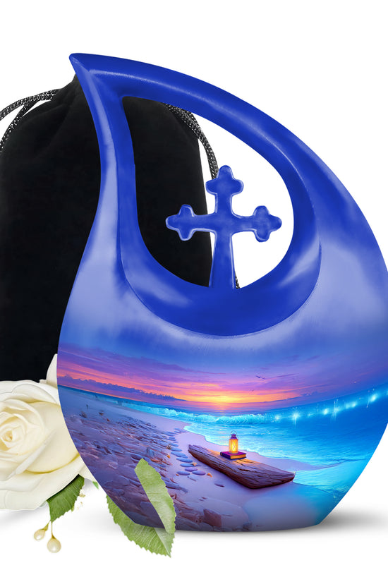 Bright Blue Beach Cremation Urn top-down view of secure threaded lid - devotional cross-drop beach engraving - full-size 10 inch 200 cubic inch adult cremation urn