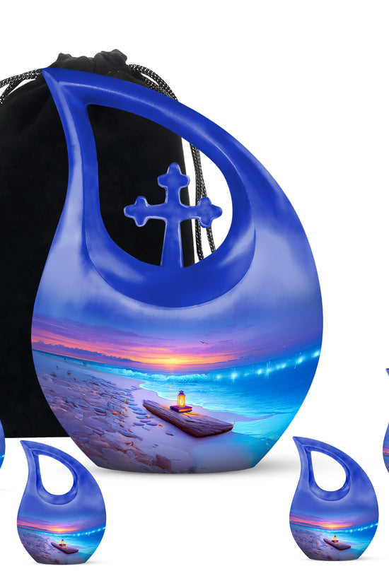 Indigo Beach Cremation Urn urn with complimentary velvet bag - cross and beach combined in spiritual memorial design - memorial set with one large and four small urns