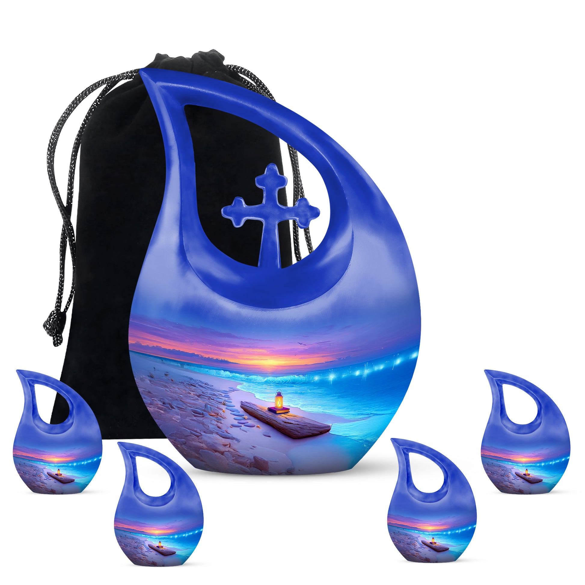 Indigo Beach Cremation Urn urn with complimentary velvet bag - cross and beach combined in spiritual memorial design - memorial set with one large and four small urns