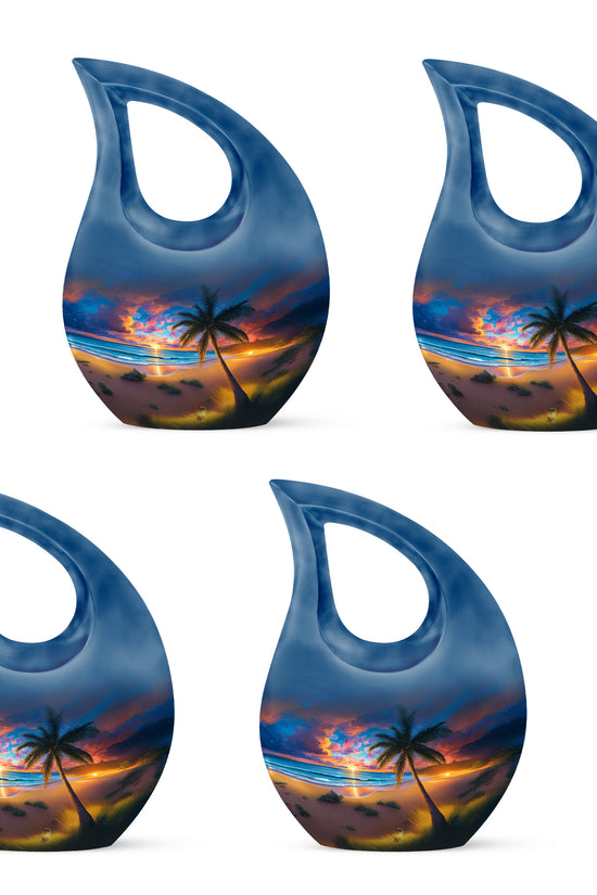 Twilight Blue Beach Cremation Urn lifestyle display on memorial shelf - faith-inspired cross-drop urn with beach pattern - 10 inch aluminum urn for cremated remains