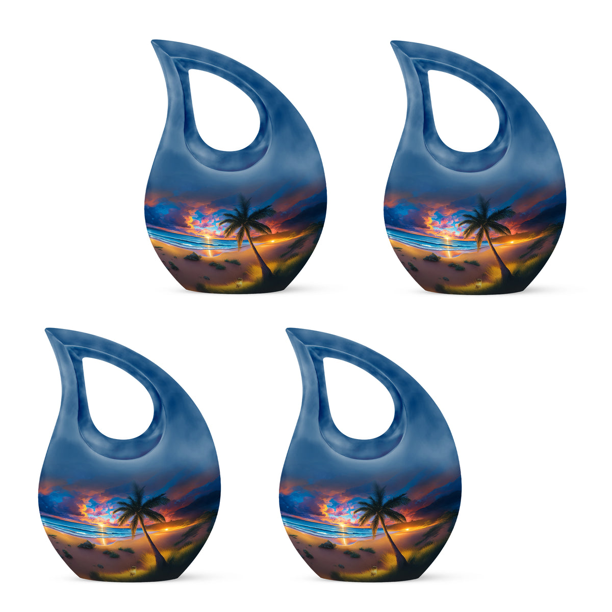 Twilight Blue Beach Cremation Urn lifestyle display on memorial shelf - faith-inspired cross-drop urn with beach pattern - 10 inch aluminum urn for cremated remains