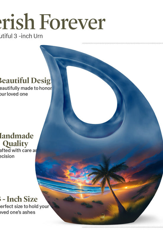 Serene Blue Beach Cremation Urn back view with polished surface - devotional cross-drop beach engraving - mini keepsake memorial for portion of cremation ashes