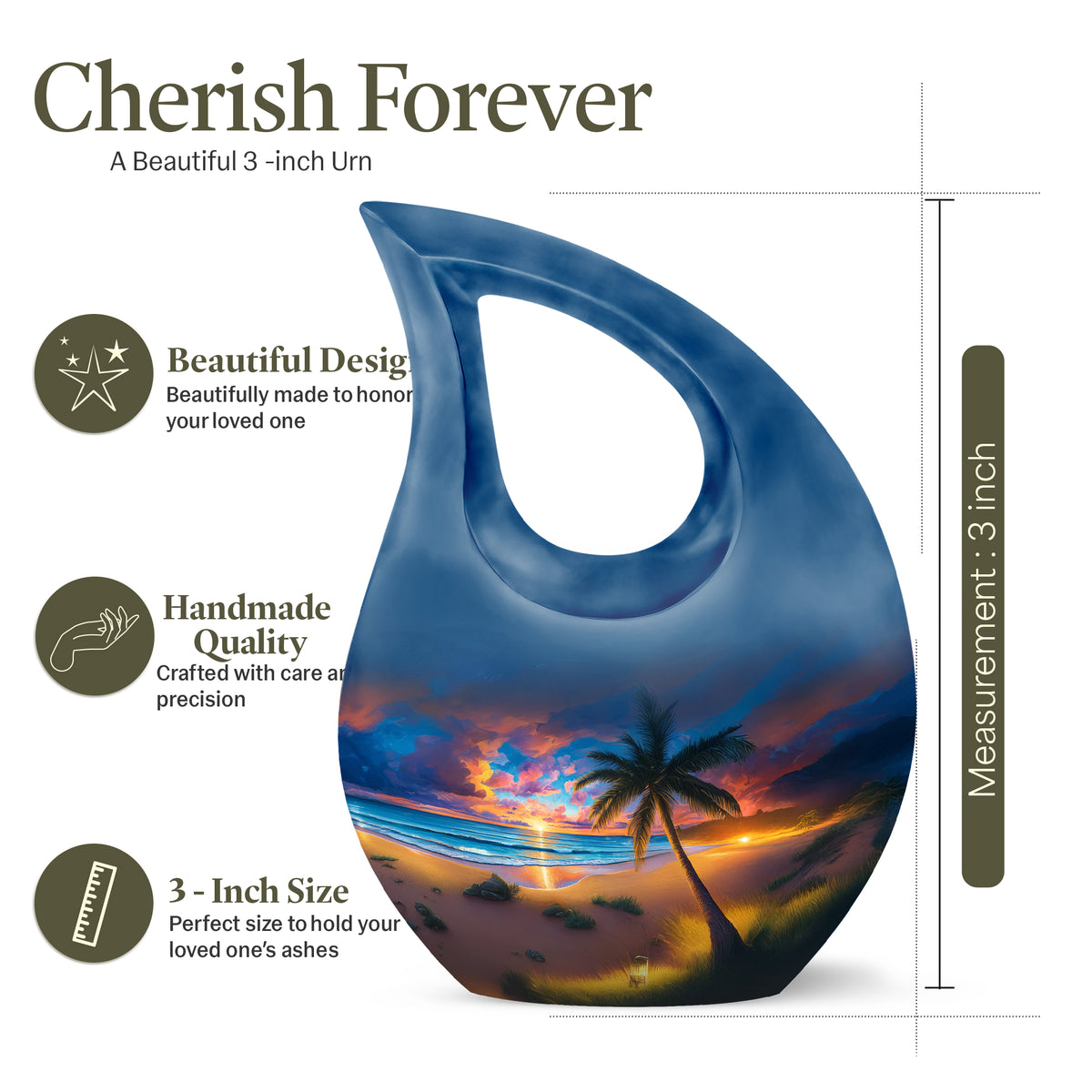Serene Blue Beach Cremation Urn back view with polished surface - devotional cross-drop beach engraving - mini keepsake memorial for portion of cremation ashes