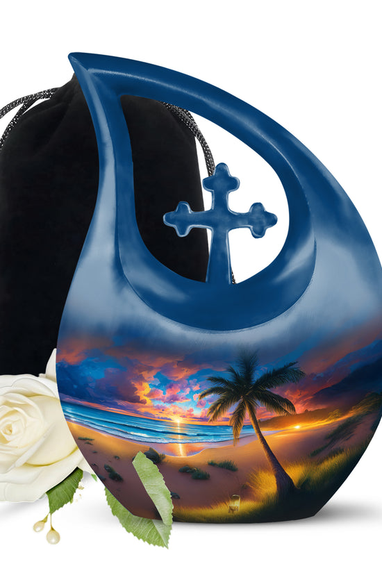 Sky Blue Beach Cremation Urn top-down view of secure threaded lid - cross and beach combined in spiritual memorial design - full-size 10 inch 200 cubic inch adult cremation urn