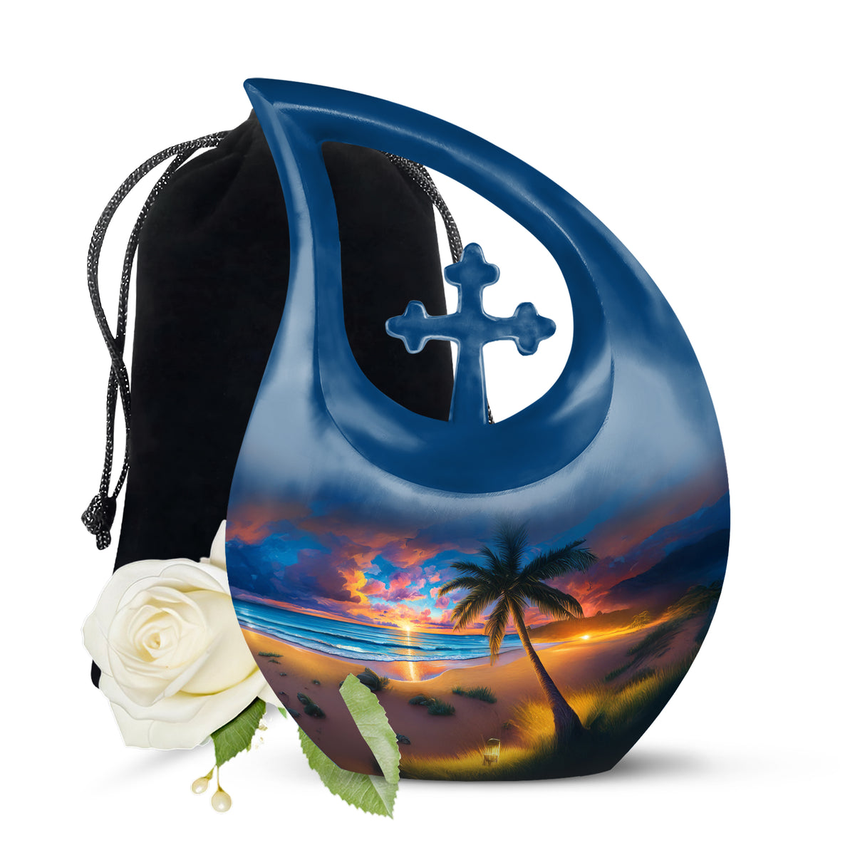 Sky Blue Beach Cremation Urn top-down view of secure threaded lid - cross and beach combined in spiritual memorial design - full-size 10 inch 200 cubic inch adult cremation urn