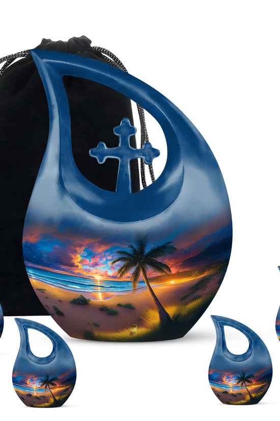 Pastel Blue Beach Cremation Urn urn with complimentary velvet bag - sacred cross merged with beach motif on metal - memorial set with one large and four small urns
