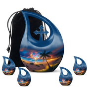 Pastel Blue Beach Cremation Urn urn with complimentary velvet bag - sacred cross merged with beach motif on metal - memorial set with one large and four small urns