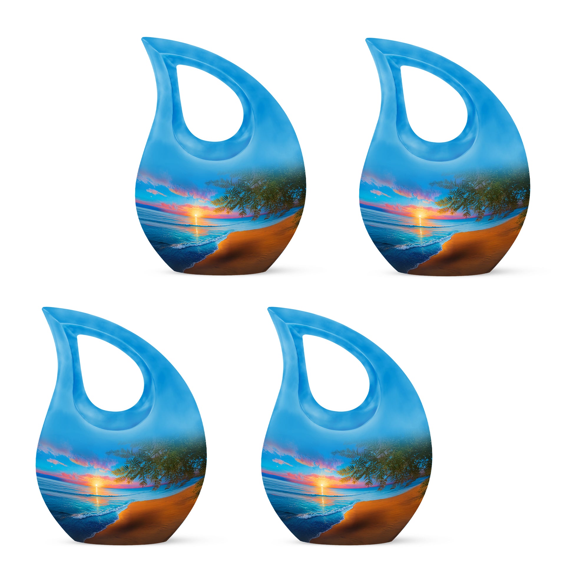 Vivid Blue Beach Cremation Urn lifestyle display on memorial shelf - devotional cross-drop beach engraving - 10 inch aluminum urn for cremated remains