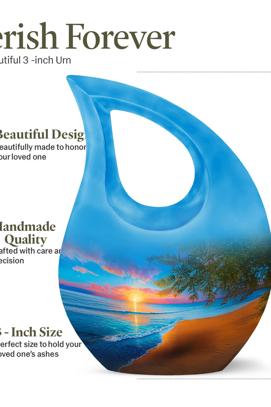 Misty Blue Beach Cremation Urn back view with polished surface - cross and beach combined in spiritual memorial design - mini keepsake memorial for portion of cremation ashes