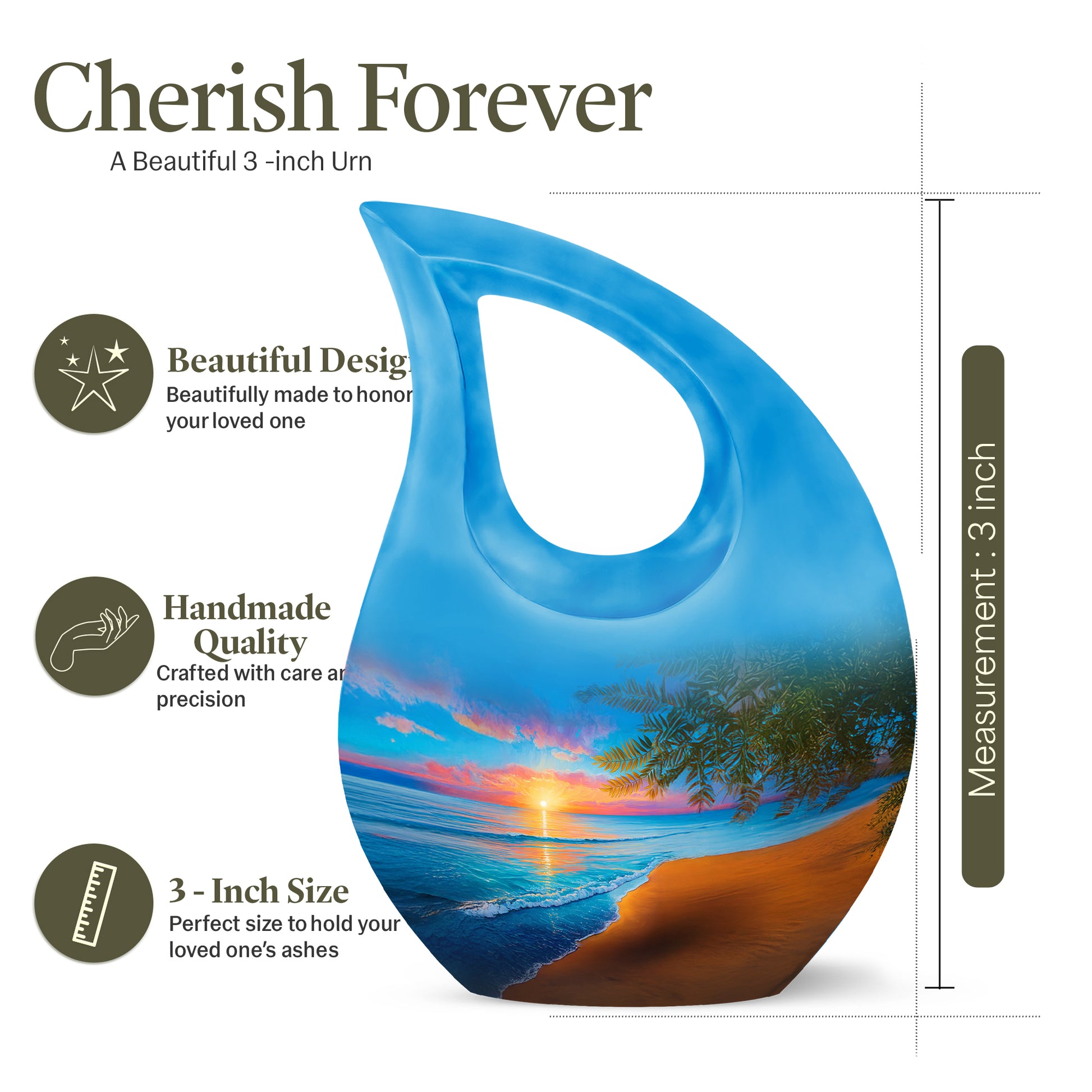 Misty Blue Beach Cremation Urn back view with polished surface - cross and beach combined in spiritual memorial design - mini keepsake memorial for portion of cremation ashes