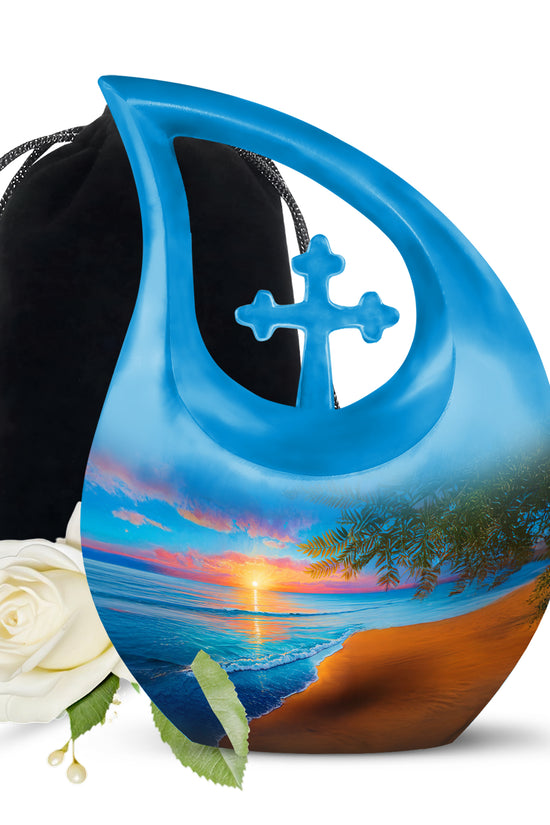 Pastel Blue Beach Cremation Urn top-down view of secure threaded lid - sacred cross merged with beach motif on metal - full-size 10 inch 200 cubic inch adult cremation urn