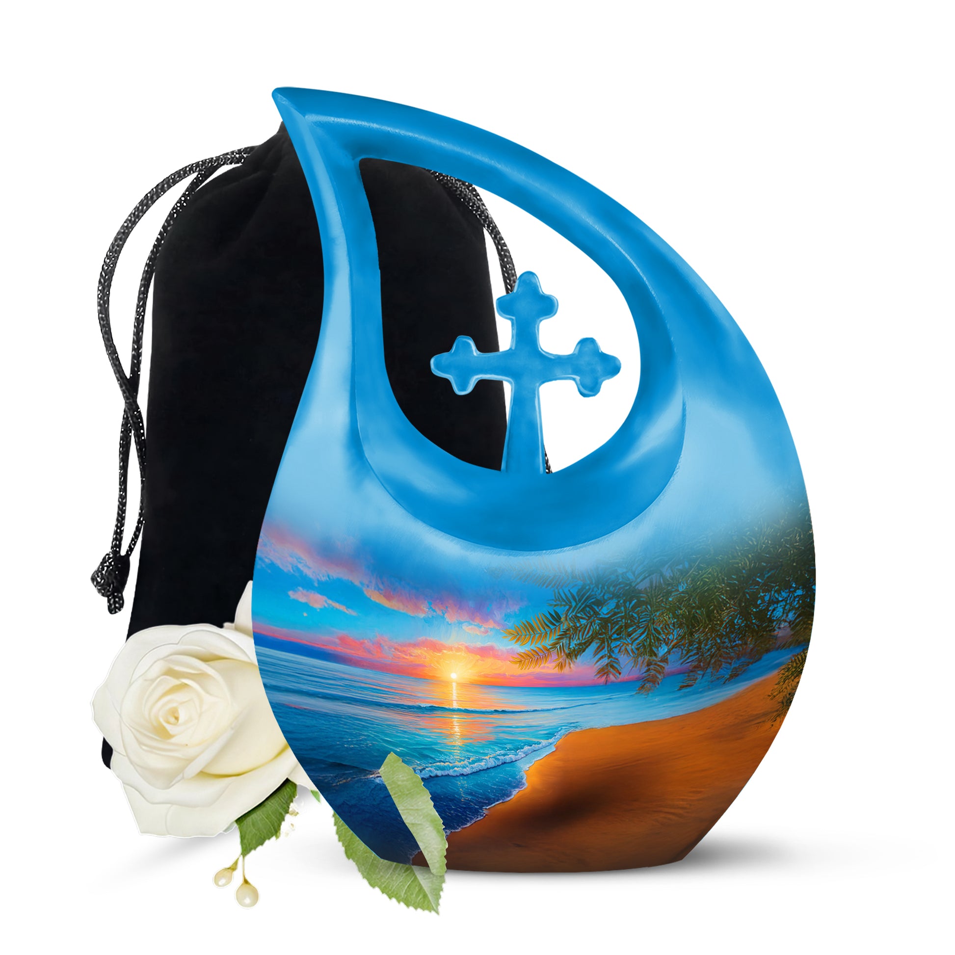 Pastel Blue Beach Cremation Urn top-down view of secure threaded lid - sacred cross merged with beach motif on metal - full-size 10 inch 200 cubic inch adult cremation urn