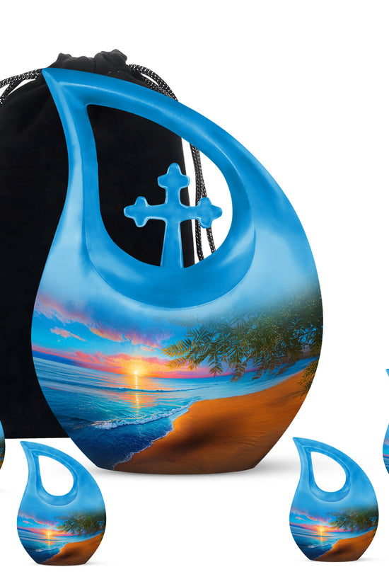 Misty Blue Beach Cremation Urn urn with complimentary velvet bag - cross and beach combined in spiritual memorial design - memorial set with one large and four small urns