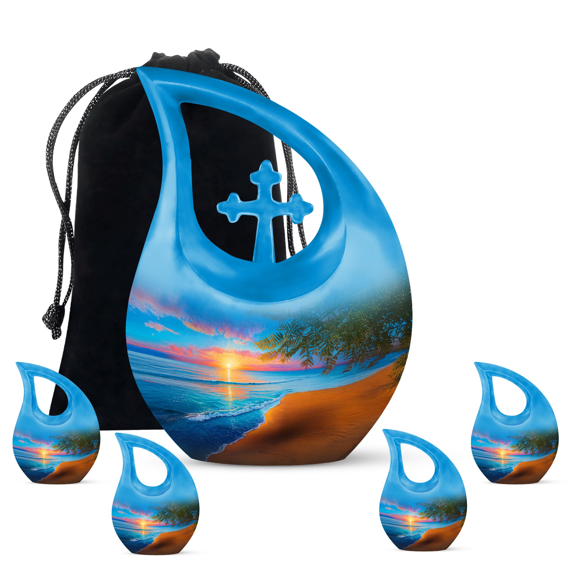 Misty Blue Beach Cremation Urn urn with complimentary velvet bag - cross and beach combined in spiritual memorial design - memorial set with one large and four small urns