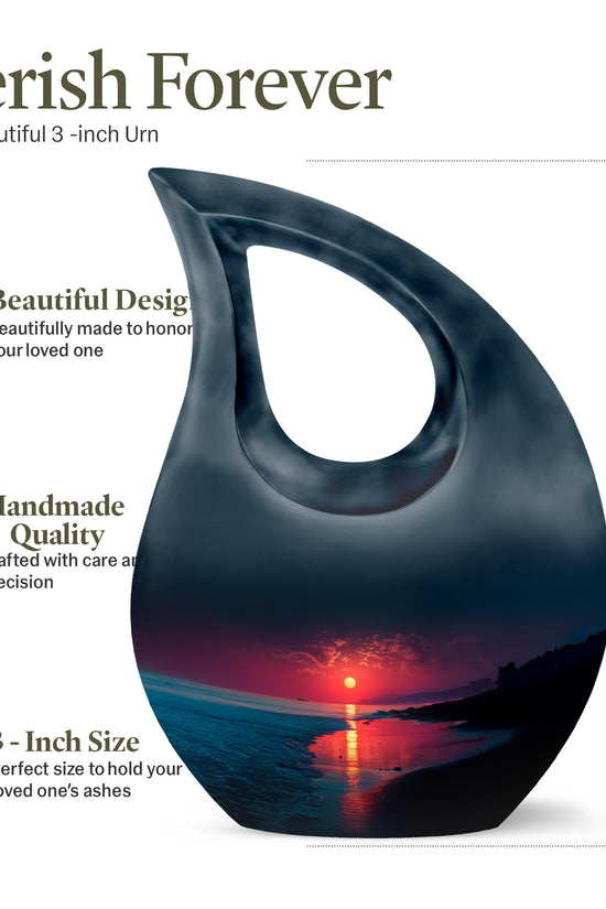 Powder Blue Beach Cremation Urn back view with polished surface - cross and beach combined in spiritual memorial design - mini keepsake memorial for portion of cremation ashes