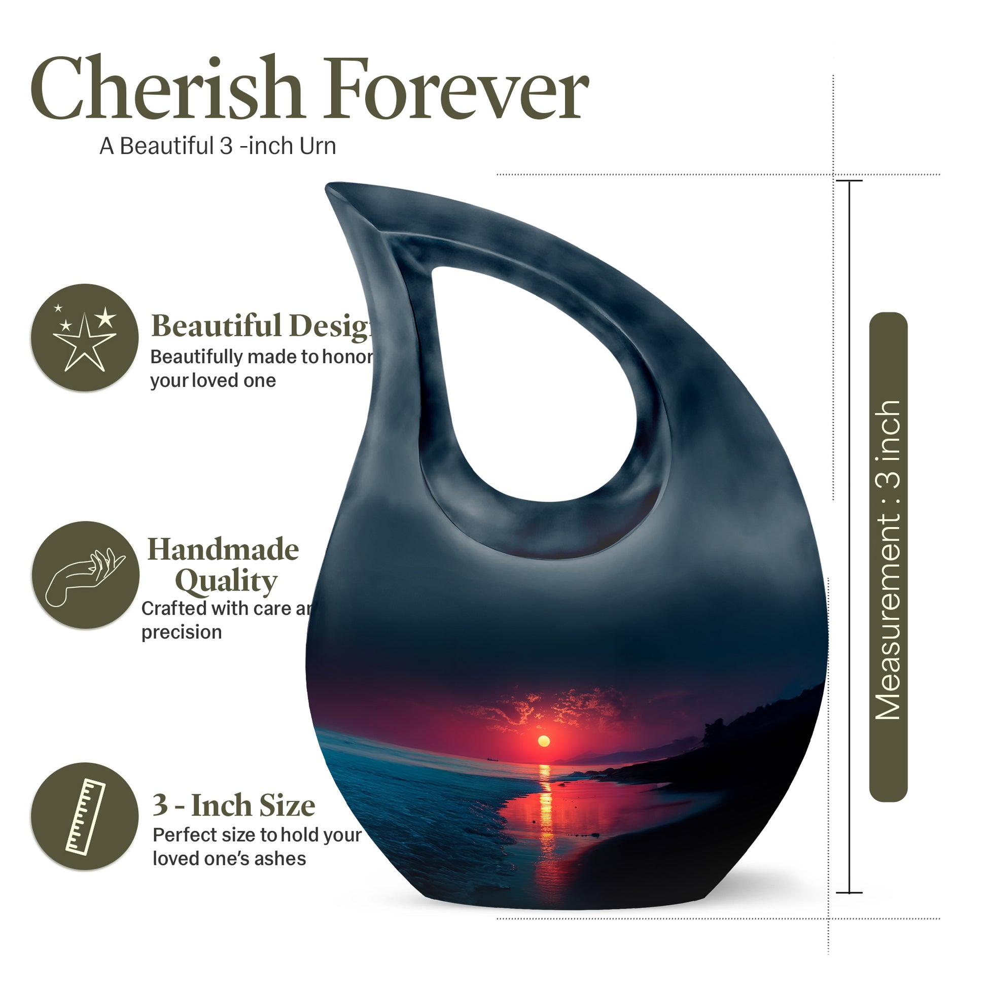 Powder Blue Beach Cremation Urn back view with polished surface - cross and beach combined in spiritual memorial design - mini keepsake memorial for portion of cremation ashes