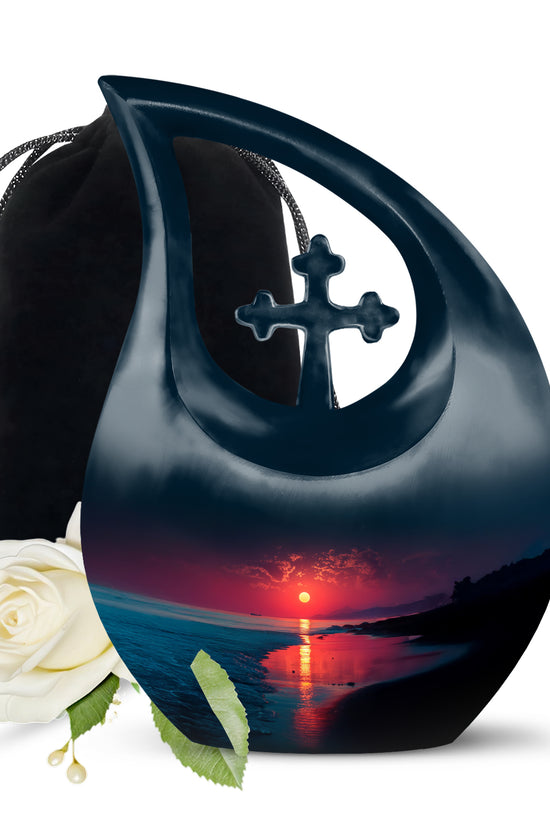 Bright Blue Beach Cremation Urn top-down view of secure threaded lid - devotional cross-drop beach engraving - full-size 10 inch 200 cubic inch adult cremation urn