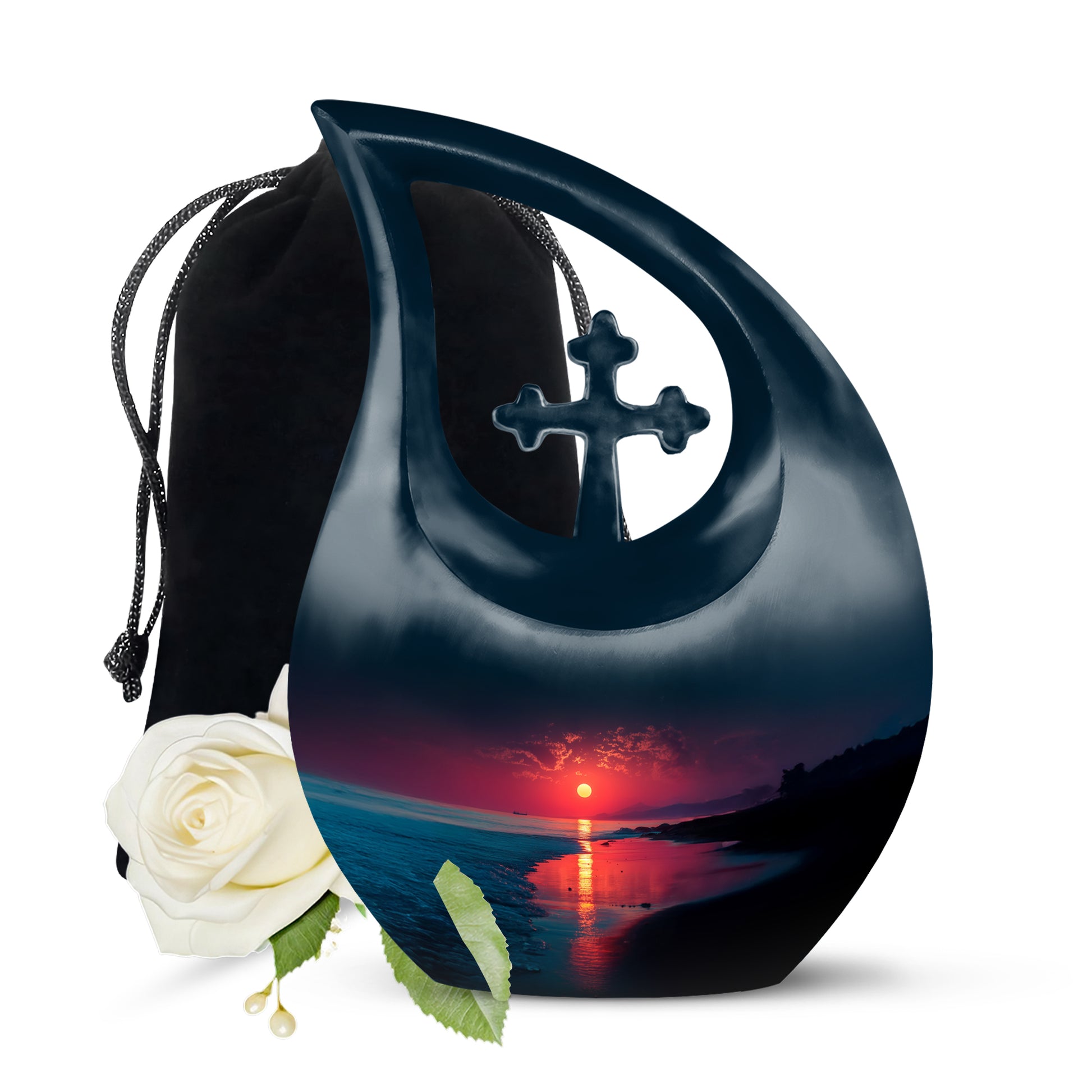 Bright Blue Beach Cremation Urn top-down view of secure threaded lid - devotional cross-drop beach engraving - full-size 10 inch 200 cubic inch adult cremation urn