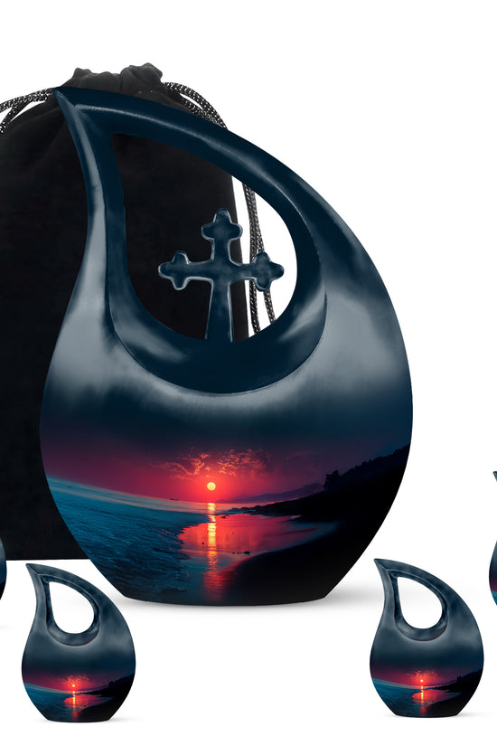 Vivid Blue Beach Cremation Urn urn with complimentary velvet bag - faith-inspired cross-drop urn with beach pattern - memorial set with one large and four small urns
