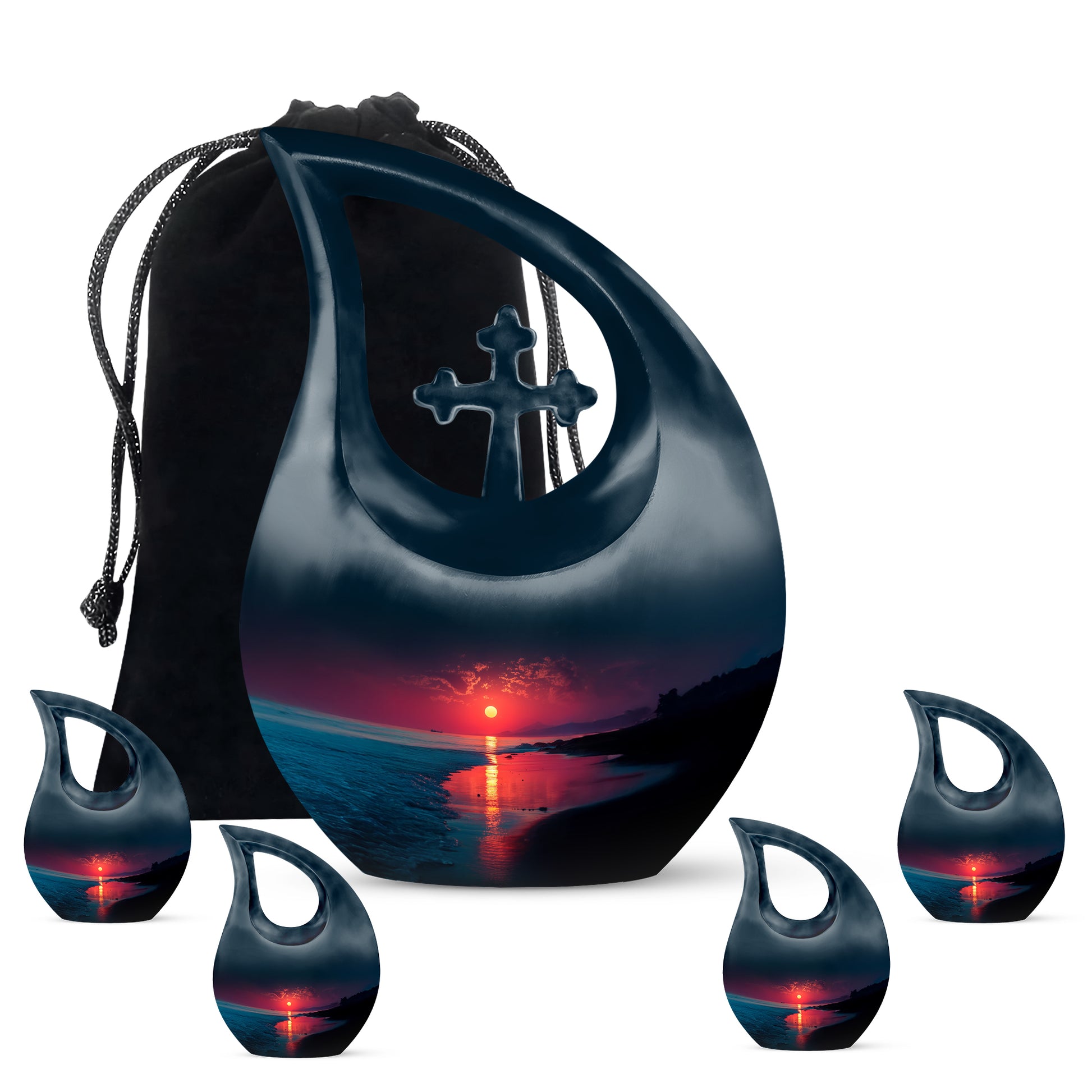 Vivid Blue Beach Cremation Urn urn with complimentary velvet bag - faith-inspired cross-drop urn with beach pattern - memorial set with one large and four small urns