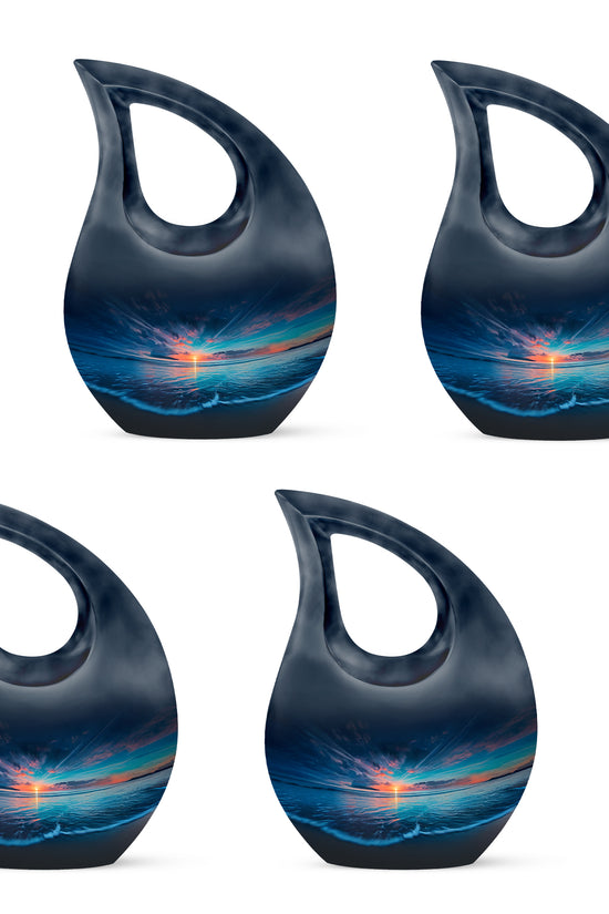 Sky Blue Beach Cremation Urn lifestyle display on memorial shelf - cross and beach combined in spiritual memorial design - 10 inch aluminum urn for cremated remains
