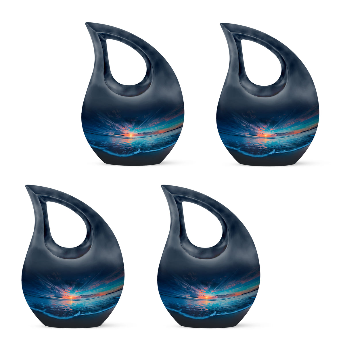 Sky Blue Beach Cremation Urn lifestyle display on memorial shelf - cross and beach combined in spiritual memorial design - 10 inch aluminum urn for cremated remains