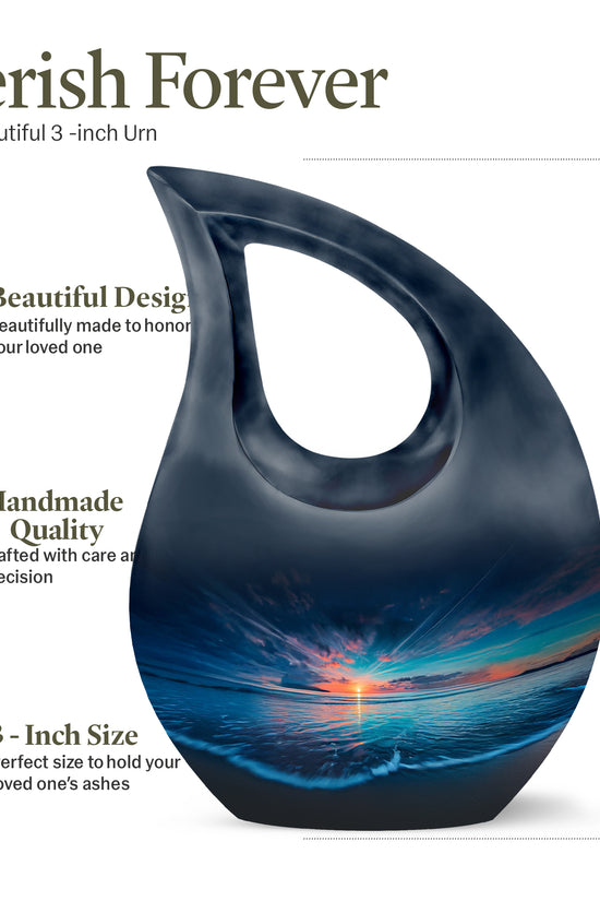 Cobalt Blue Beach Cremation Urn back view with polished surface - faith-inspired cross-drop urn with beach pattern - mini keepsake memorial for portion of cremation ashes