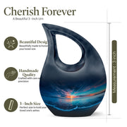 Cobalt Blue Beach Cremation Urn back view with polished surface - faith-inspired cross-drop urn with beach pattern - mini keepsake memorial for portion of cremation ashes