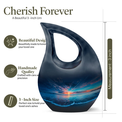 Cobalt Blue Beach Cremation Urn back view with polished surface - faith-inspired cross-drop urn with beach pattern - mini keepsake memorial for portion of cremation ashes