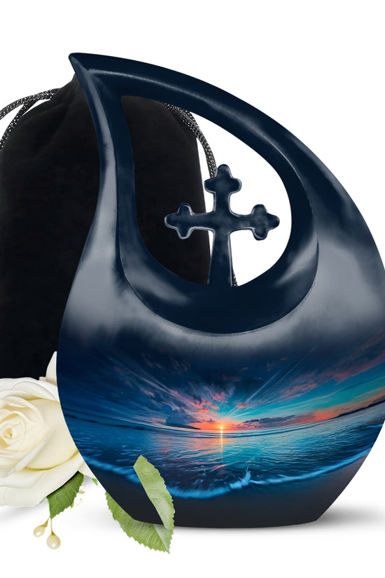 Misty Blue Beach Cremation Urn top-down view of secure threaded lid - sacred cross merged with beach motif on metal - full-size 10 inch 200 cubic inch adult cremation urn