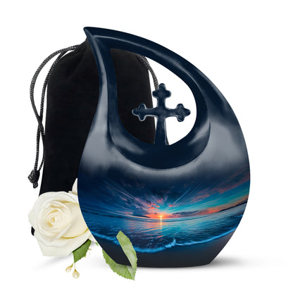 Misty Blue Beach Cremation Urn top-down view of secure threaded lid - sacred cross merged with beach motif on metal - full-size 10 inch 200 cubic inch adult cremation urn