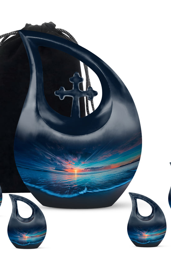 Cornflower Blue Beach Cremation Urn urn with complimentary velvet bag - faith-inspired cross-drop urn with beach pattern - memorial set with one large and four small urns