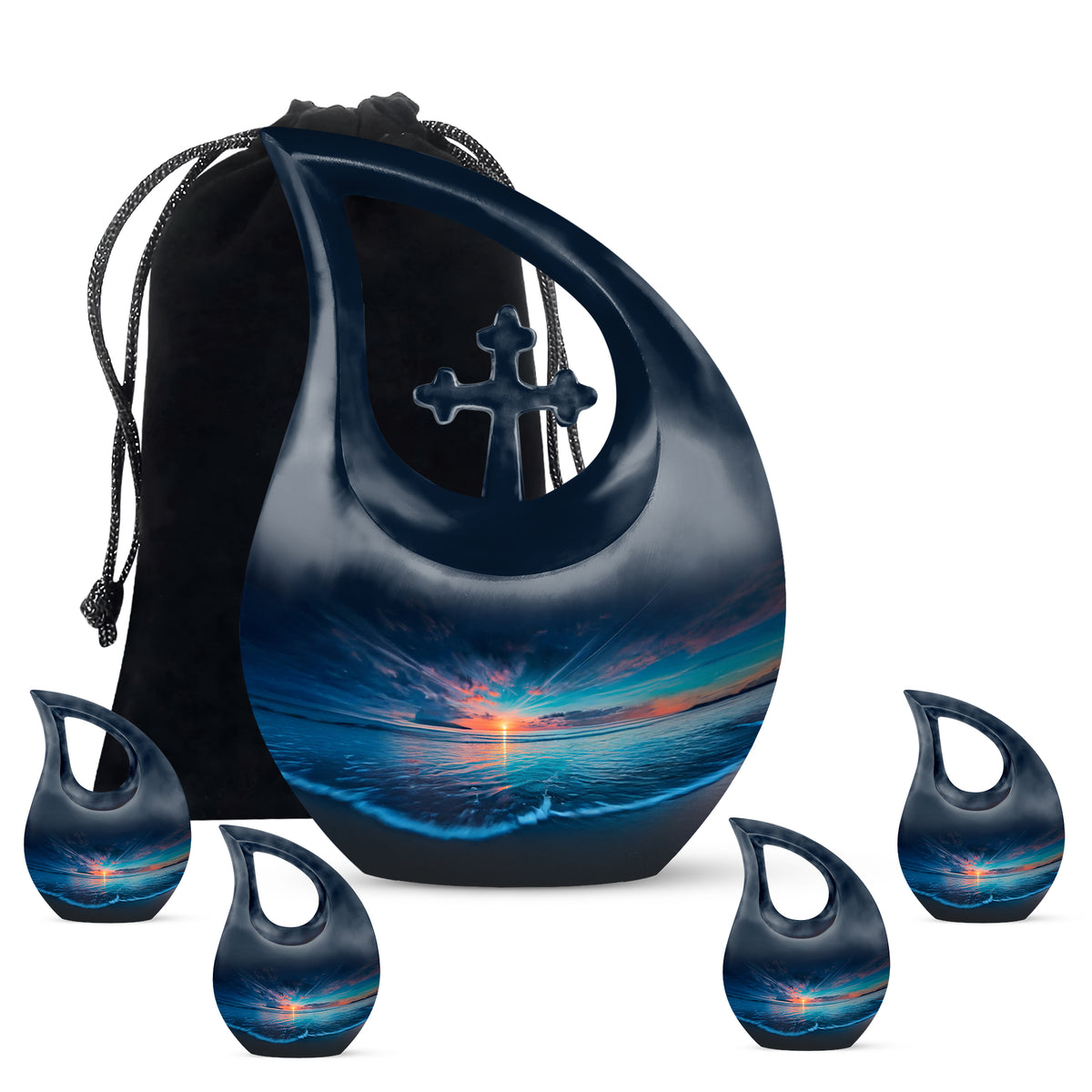 Cornflower Blue Beach Cremation Urn urn with complimentary velvet bag - faith-inspired cross-drop urn with beach pattern - memorial set with one large and four small urns