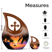 Pastel Pink Beach Cremation Urn back view with polished surface - sacred cross merged with beach motif on metal - mini keepsake memorial for portion of cremation ashes