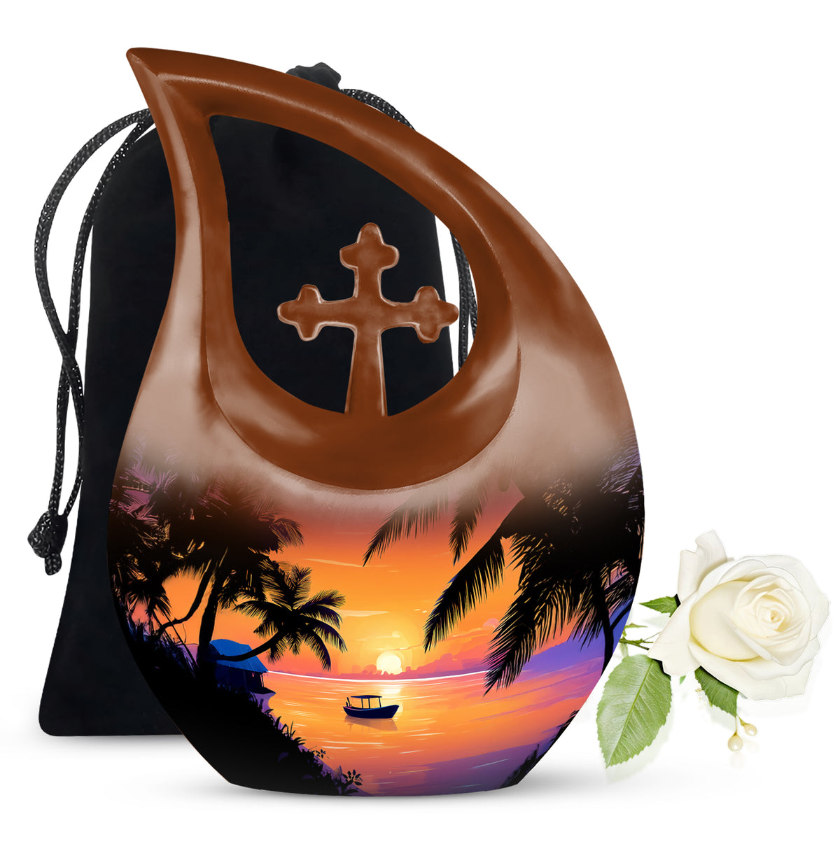 Dusty Pink Beach Cremation Urn top-down view of secure threaded lid - devotional cross-drop beach engraving - full-size 10 inch 200 cubic inch adult cremation urn