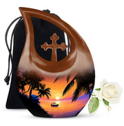 Dusty Pink Beach Cremation Urn top-down view of secure threaded lid - devotional cross-drop beach engraving - full-size 10 inch 200 cubic inch adult cremation urn