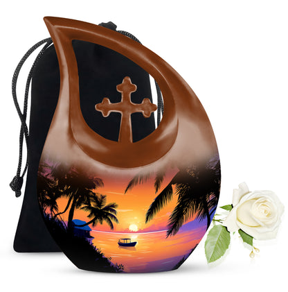 Dusty Pink Beach Cremation Urn top-down view of secure threaded lid - devotional cross-drop beach engraving - full-size 10 inch 200 cubic inch adult cremation urn