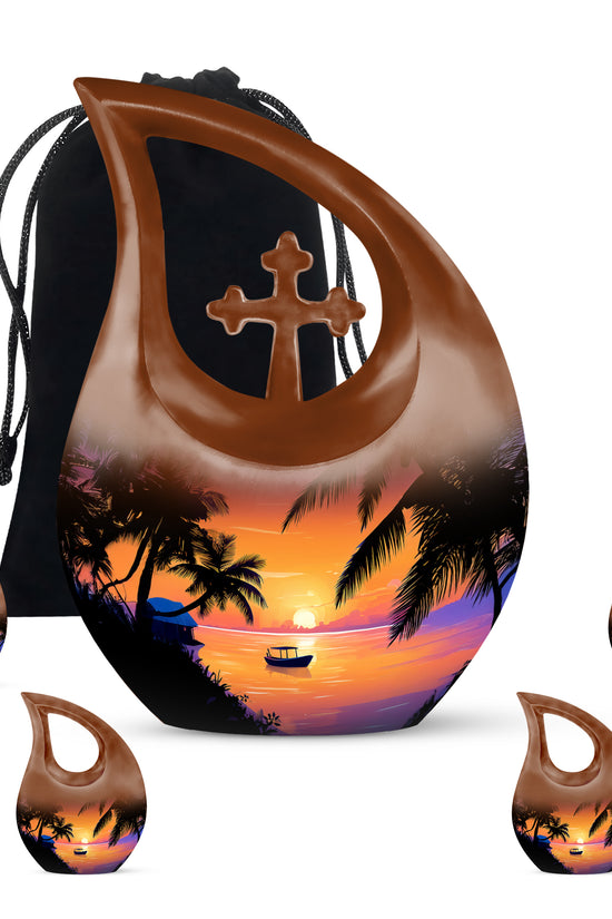 Pastel Pink Beach Cremation Urn urn with complimentary velvet bag - cross and beach combined in spiritual memorial design - memorial set with one large and four small urns